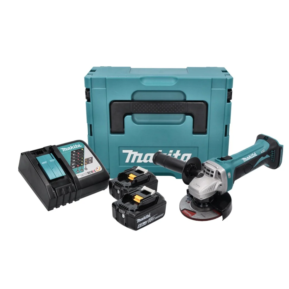 Amoladora angular sin cable Makita DGA 452 RGJ 18 V 115 mm + 2x baterí recargable 6,0 Ah + cargador + Makpac