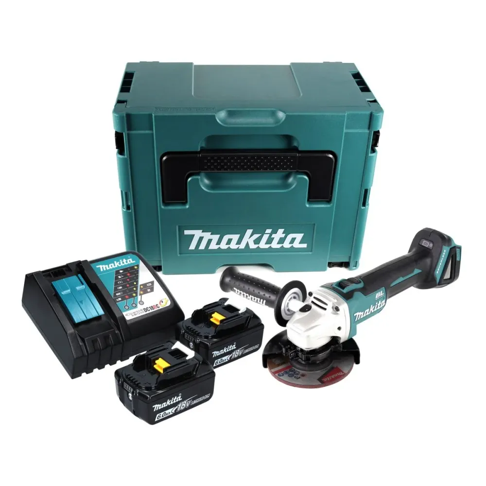 Amoladora angular sin cable Makita DGA 504 RGJ 18 V 125 mm sin escobillas + 2x baterí recargable 6,0 Ah + cargador + Makpac