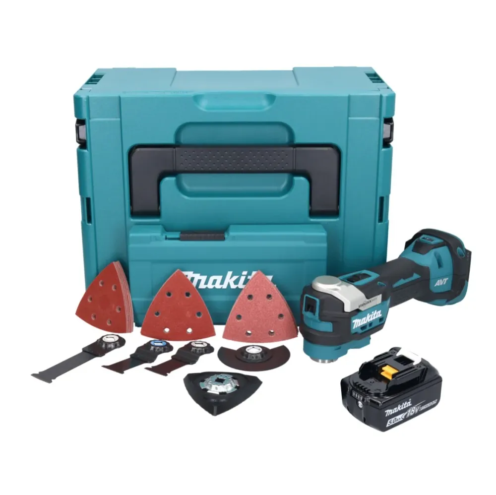 Herramienta multifunción baterí Makita DTM 52 T1JX4 18 V Starlock Max Brushless + 1x baterí 5.0 Ah + juego de accesorios +...