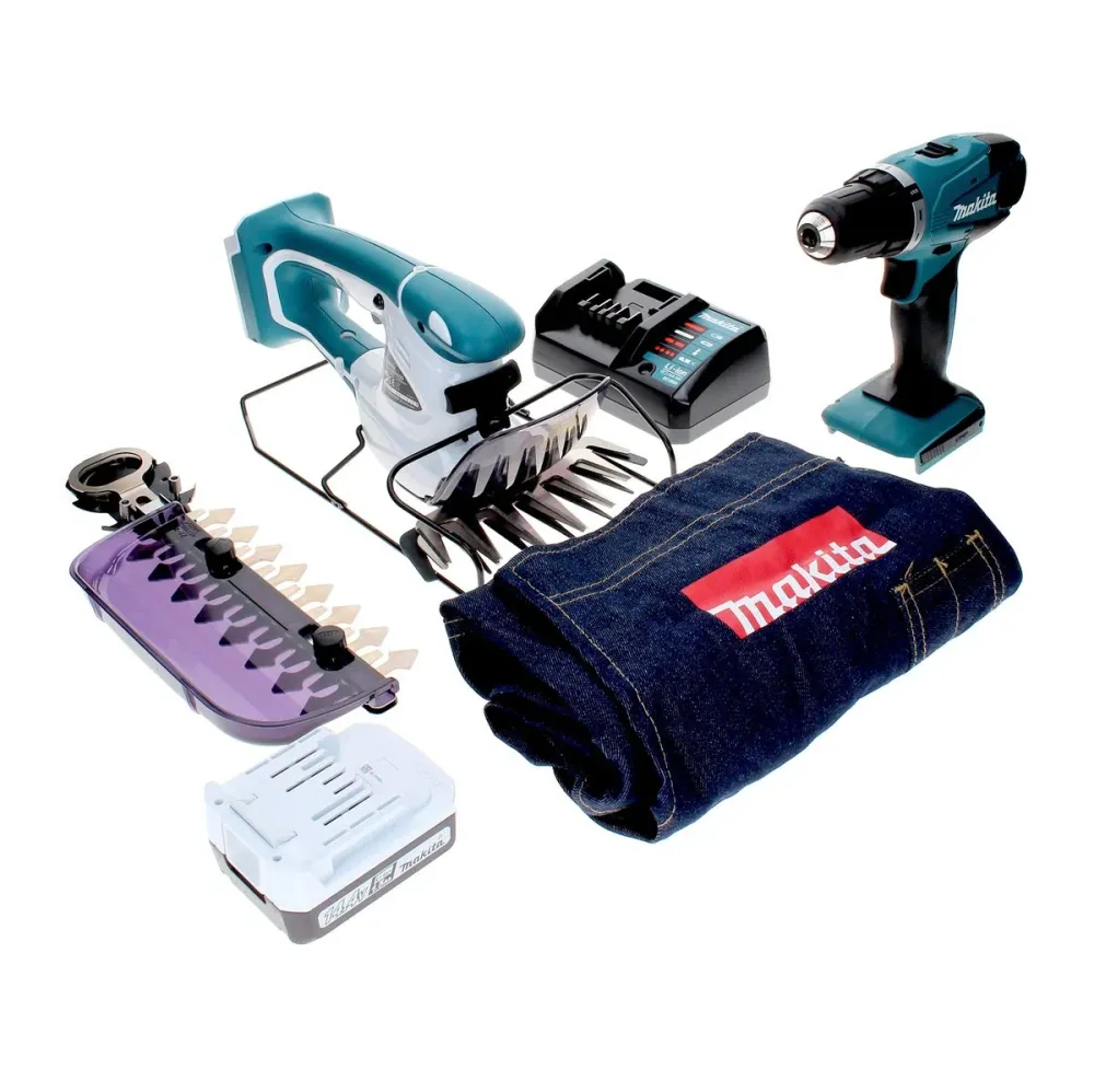 Juego Makita serie DK 14004 G con taladro atornillador inalámbrico DF 347 D 14,4 V + tijeras para césped UM 165 D + 1 bate...