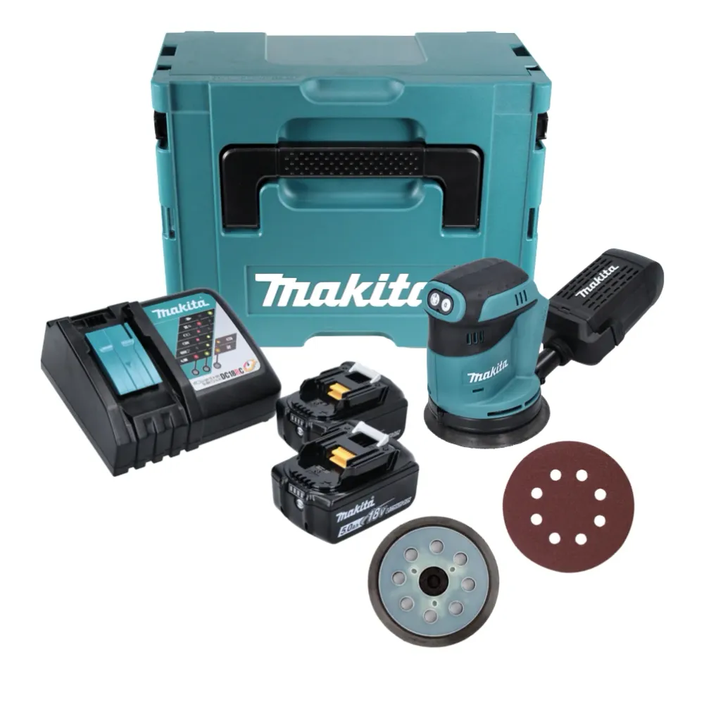 Lijadora excéntrica baterí Makita DBO 180 RTJ 18 V 125 mm + 2x baterías 5,0 Ah + cargador + plato lijador + 10x papel de l...