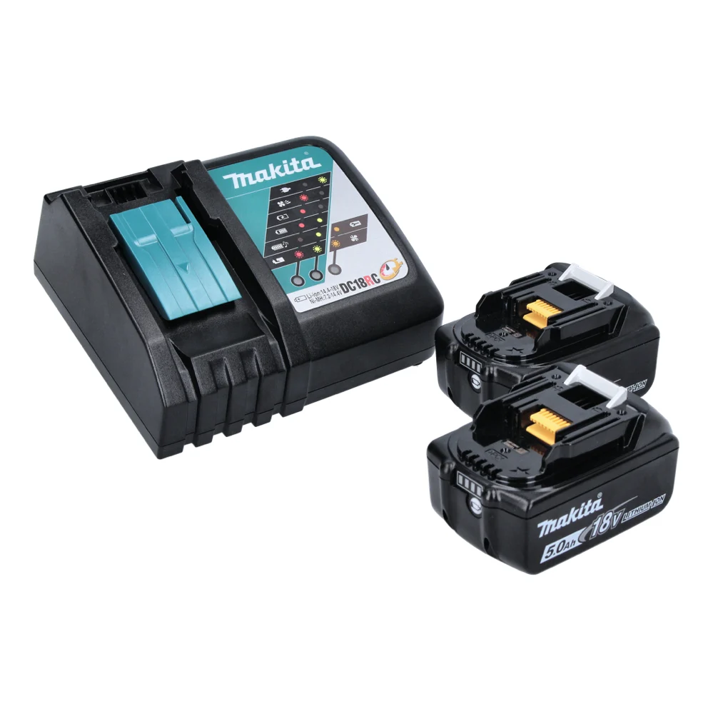 Lijadora excéntrica baterí Makita DBO 180 RTJ 18 V 125 mm + 2x baterías 5,0 Ah + cargador + plato lijador + 10x papel de l...