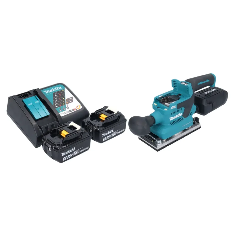 Lijadora orbital sin cable Makita DBO 382 RG 18 V 93 x 185 mm sin escobillas + 2x baterí recargable 6,0 Ah + cargador