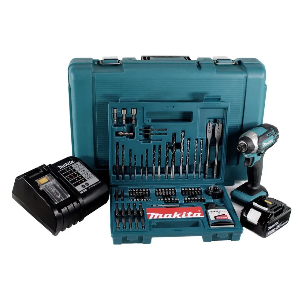 Llave de impacto baterí Makita DTD 152 SFK 18V 165Nm 1/4" + 1x baterí 3.0Ah + cargador + set brocas 100 piezas + estuche