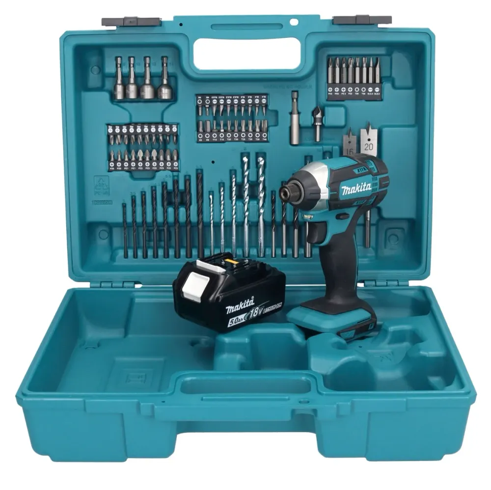 Llave de impacto baterí Makita DTD 152 T1X1 18 V 165 Nm 1/4" + 1x baterí 5,0 Ah + set de accesorios 74 piezas + maletín -...