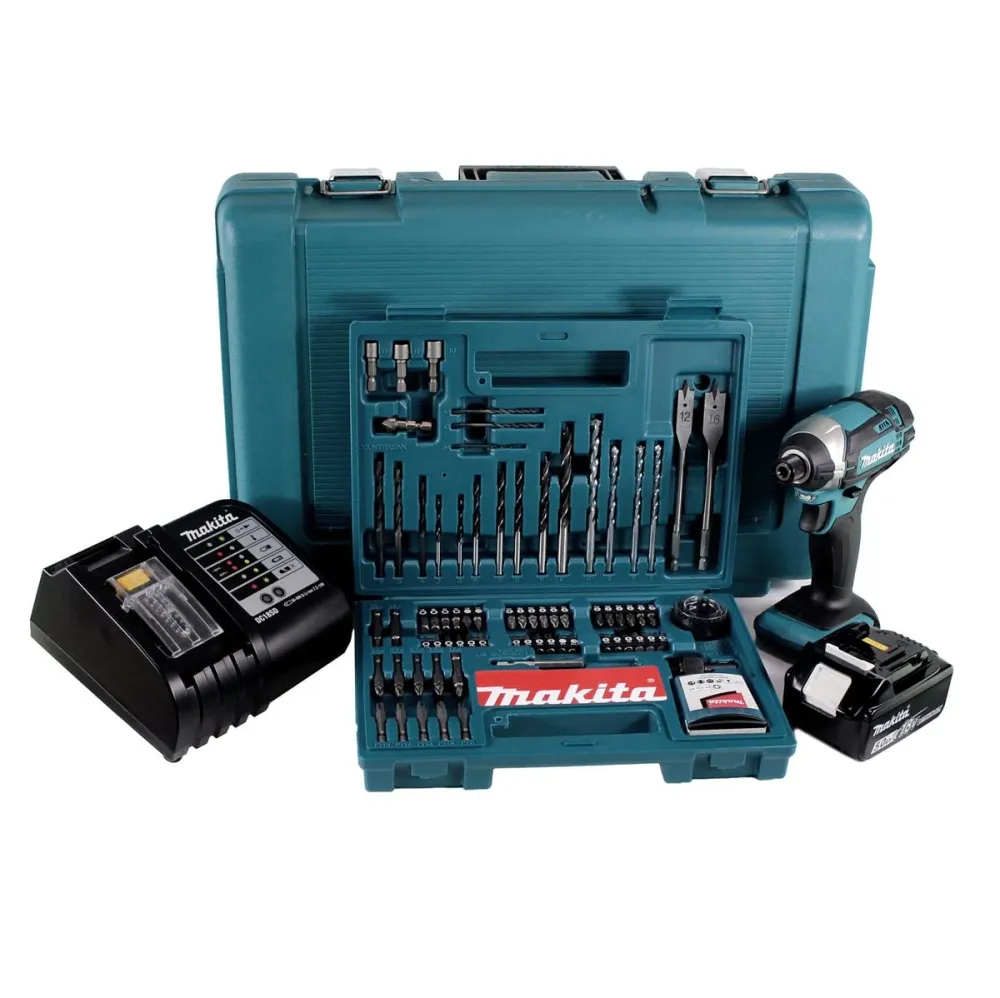 Llave de impacto baterí Makita DTD 152 STK 18V 165Nm 1/4" + 1x baterí 5.0Ah + cargador + set brocas 100 piezas + estuche