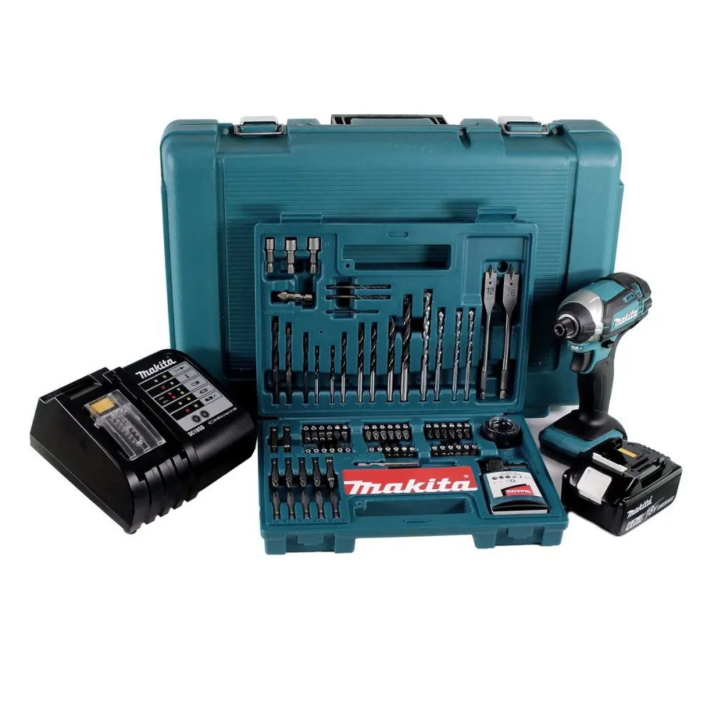 Llave de impacto baterí Makita DTD 152 SGK 18V 165Nm 1/4" + 1x baterí 6.0Ah + cargador + set brocas 100 piezas + estuche