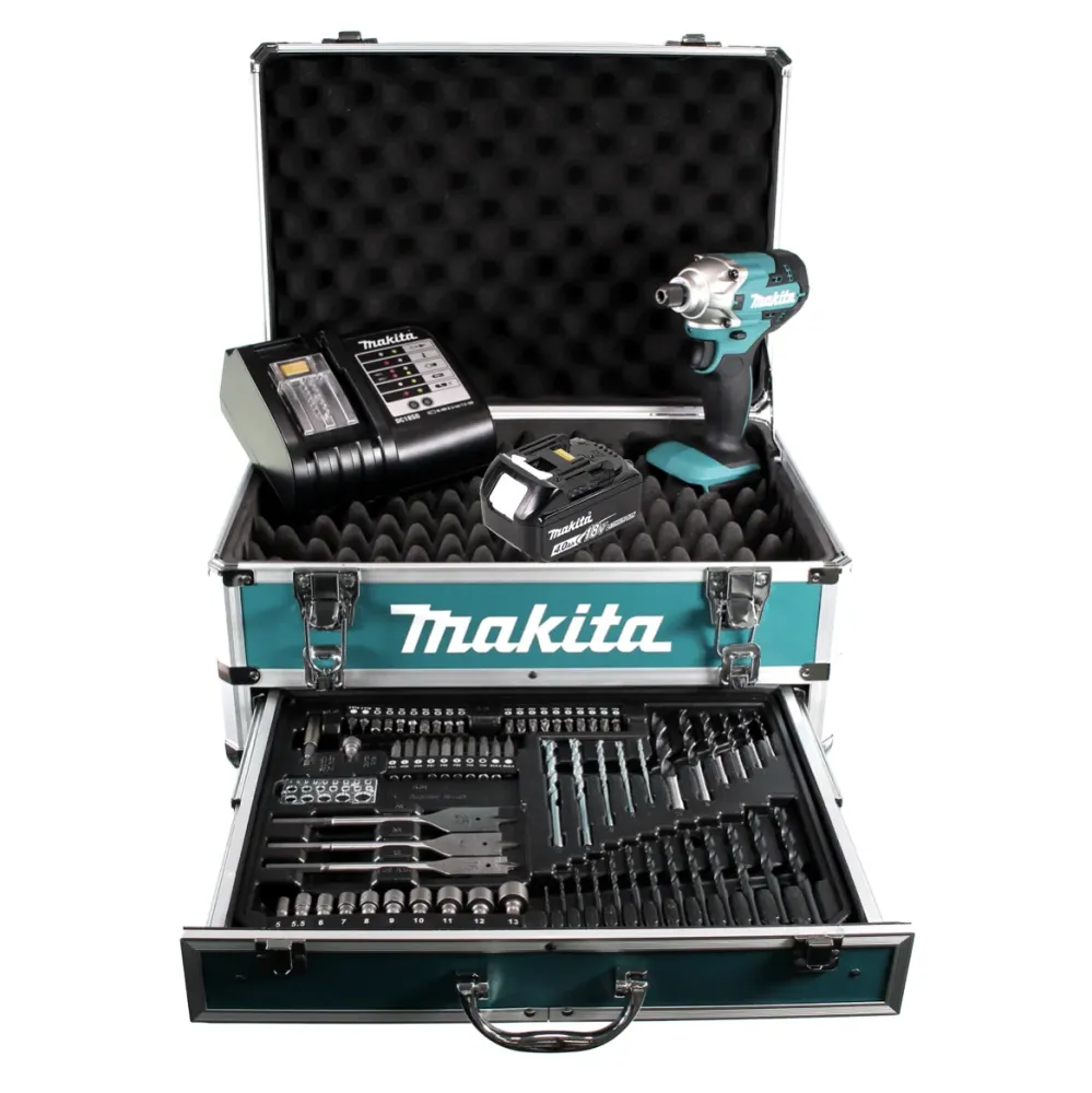 Llave de impacto baterí Makita DTD 156 SM1X4 18V 155Nm + 1x baterí 4,0Ah + cargador + juego de brocas de 70 piezas + malet...