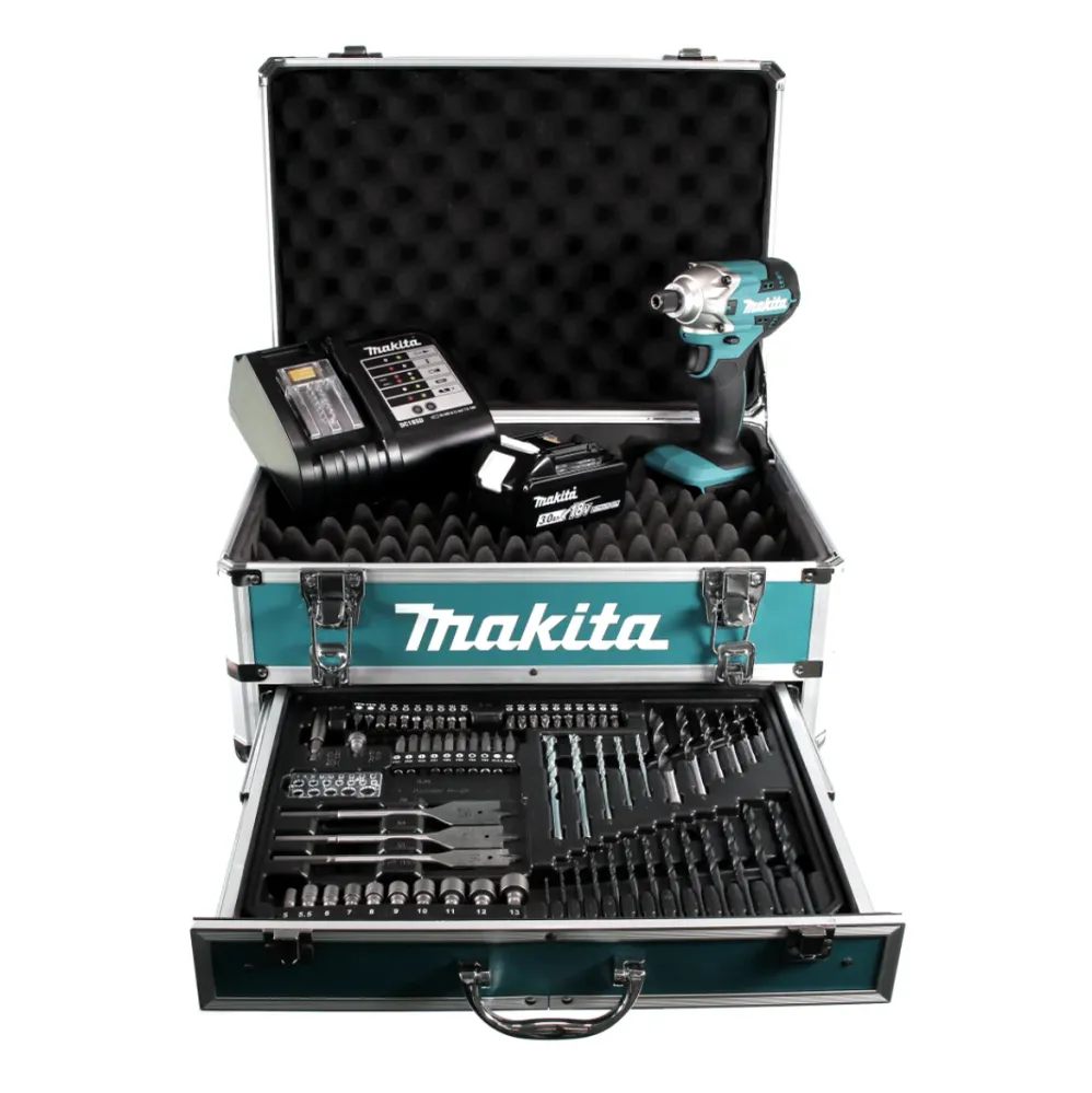 Llave de impacto baterí Makita DTD 156 SF1X4 18V 155Nm + 1x baterí 3.0Ah + cargador + juego de brocas de 70 piezas + malet...
