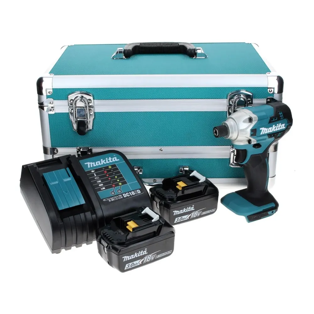 Llave de impacto baterí Makita DTD 156 SFTX 18 V 155 Nm + 2x baterías 3,0 Ah + cargador + juego de brocas de 70 piezas + m...