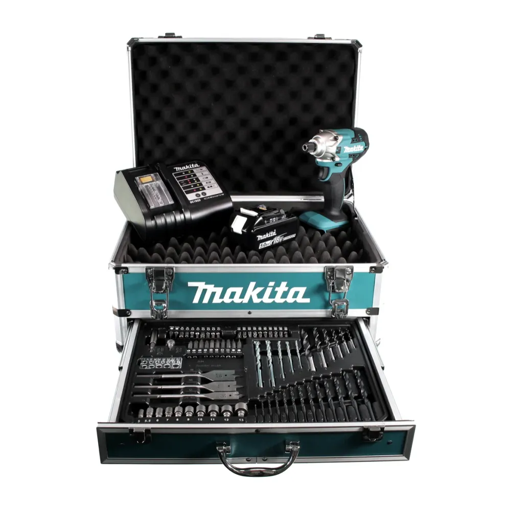 Llave de impacto baterí Makita DTD 156 ST1X4 18V 155Nm + 1x baterí 5,0Ah + cargador + juego de brocas de 70 piezas + malet...