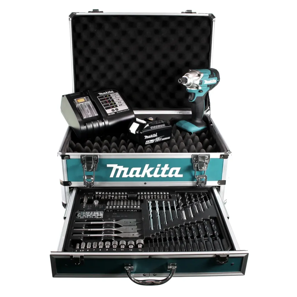 Llave de impacto baterí Makita DTD 156 SG1X4 18V 155Nm + 1x baterí 6,0Ah + cargador + juego de brocas de 70 piezas + malet...
