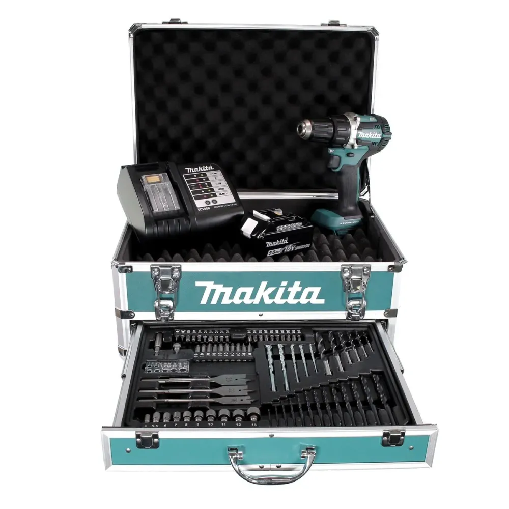 Llave de impacto inalámbrica Makita DDF 484 STX4 18 V 54 Nm sin escobillas + 1x baterí 5,0 Ah + cargador + 70 piezas. Jueg...