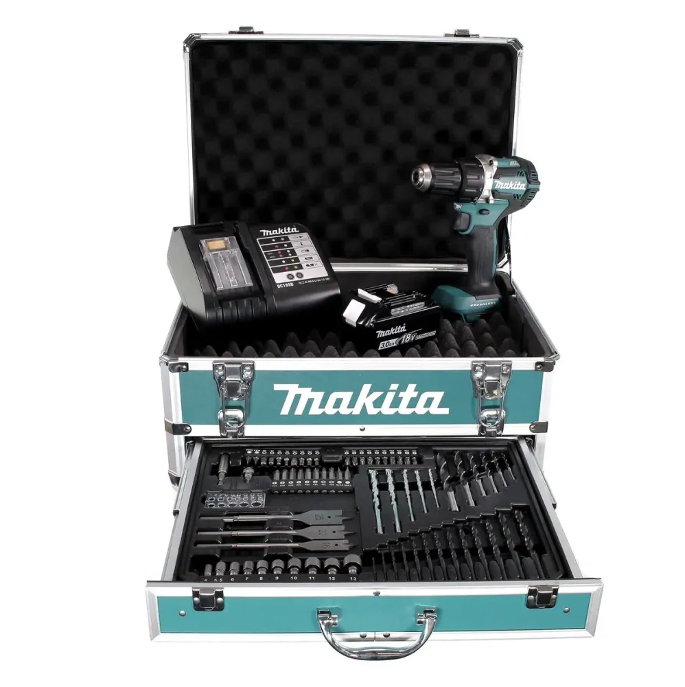 Llave de impacto inalámbrica Makita DDF 484 SFX4 18 V 54 Nm sin escobillas + 1x baterí 3,0 Ah + cargador + 70 piezas. Jueg...