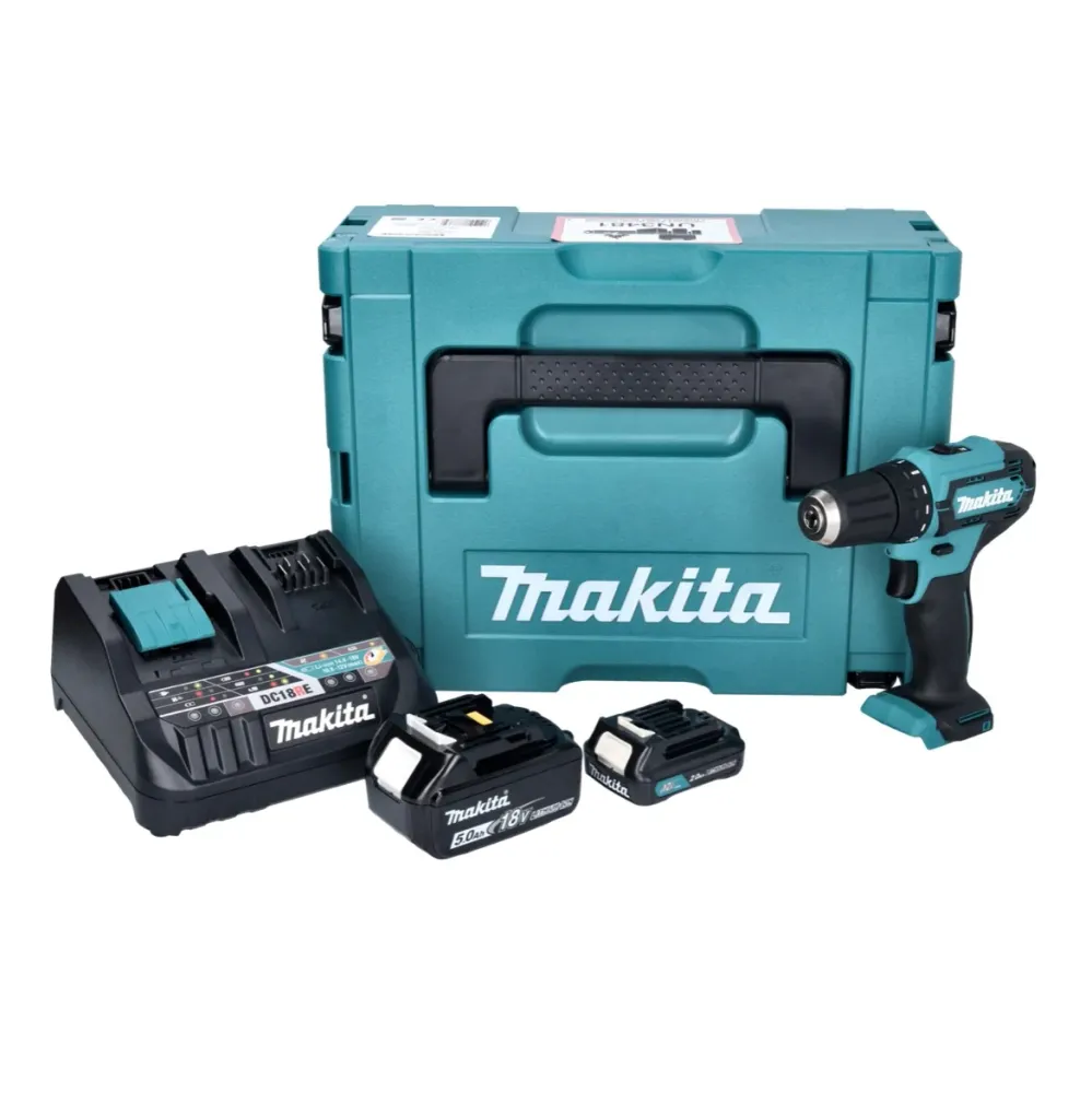 Makita DF 333 DNX12 Taladro atornillador sin cable 12 V 30 Nm + 1x Baterí 2.0 Ah + 1x Baterí 18 V 5.0 Ah + Cargador + Male...