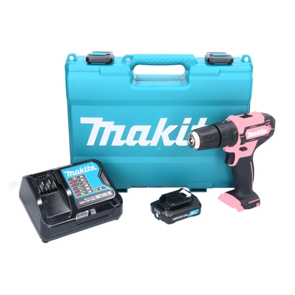 Makita HP 333 DSAP taladro percutor inalámbrico 12 V 30 Nm rosa + 1x baterí 2,0 Ah + cargador + estuche