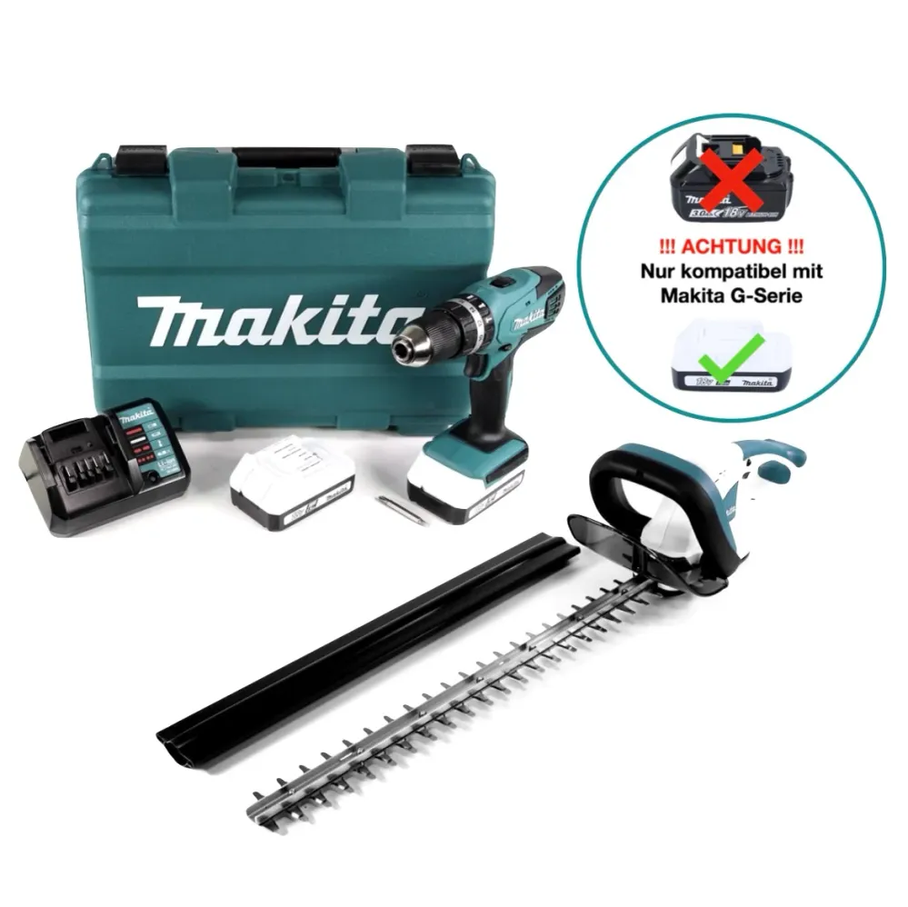 Makita HP 457 DWE taladro percutor inalámbrico Serie G 18 V 42 Nm en estuche + cortasetos inalámbrico UH 522 DZ 52 cm + 2x...