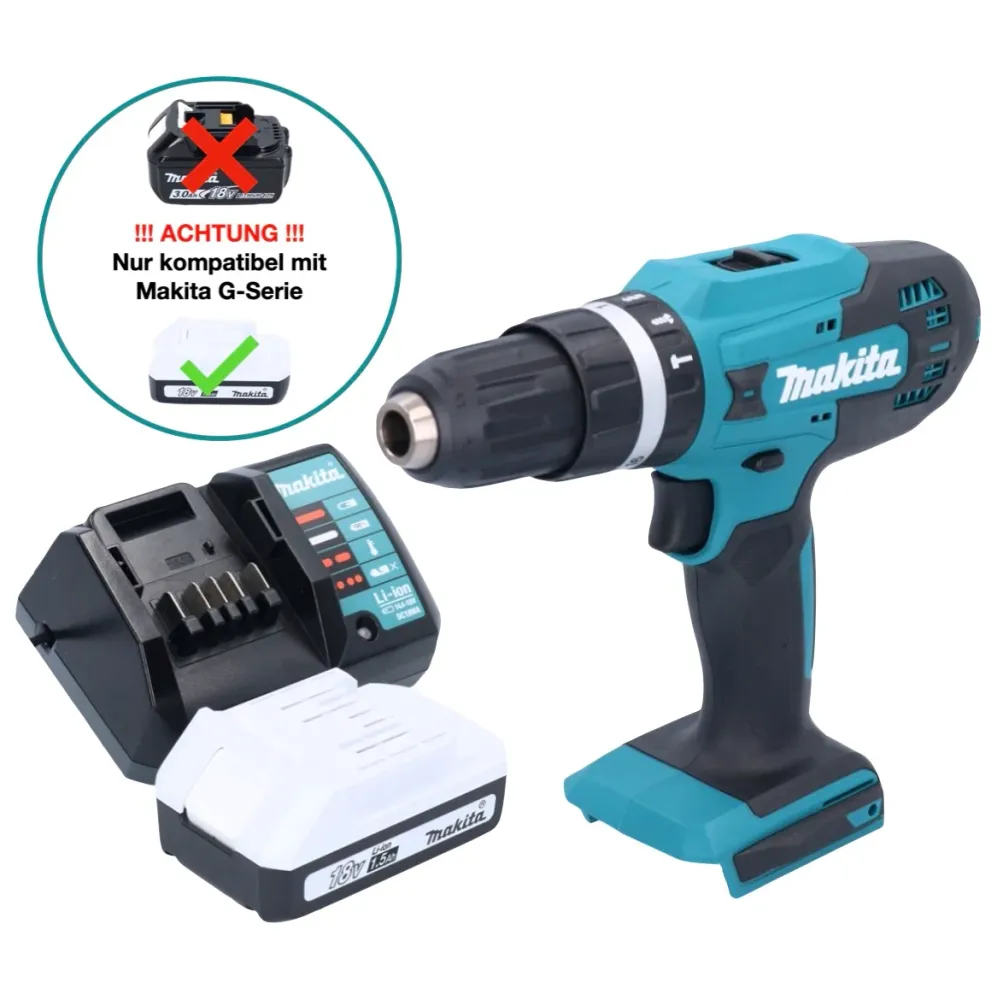 Makita HP 488 DWY1 taladro percutor inalámbrico 18 V 42 Nm serie G + 1x baterí 1,5 Ah + cargador