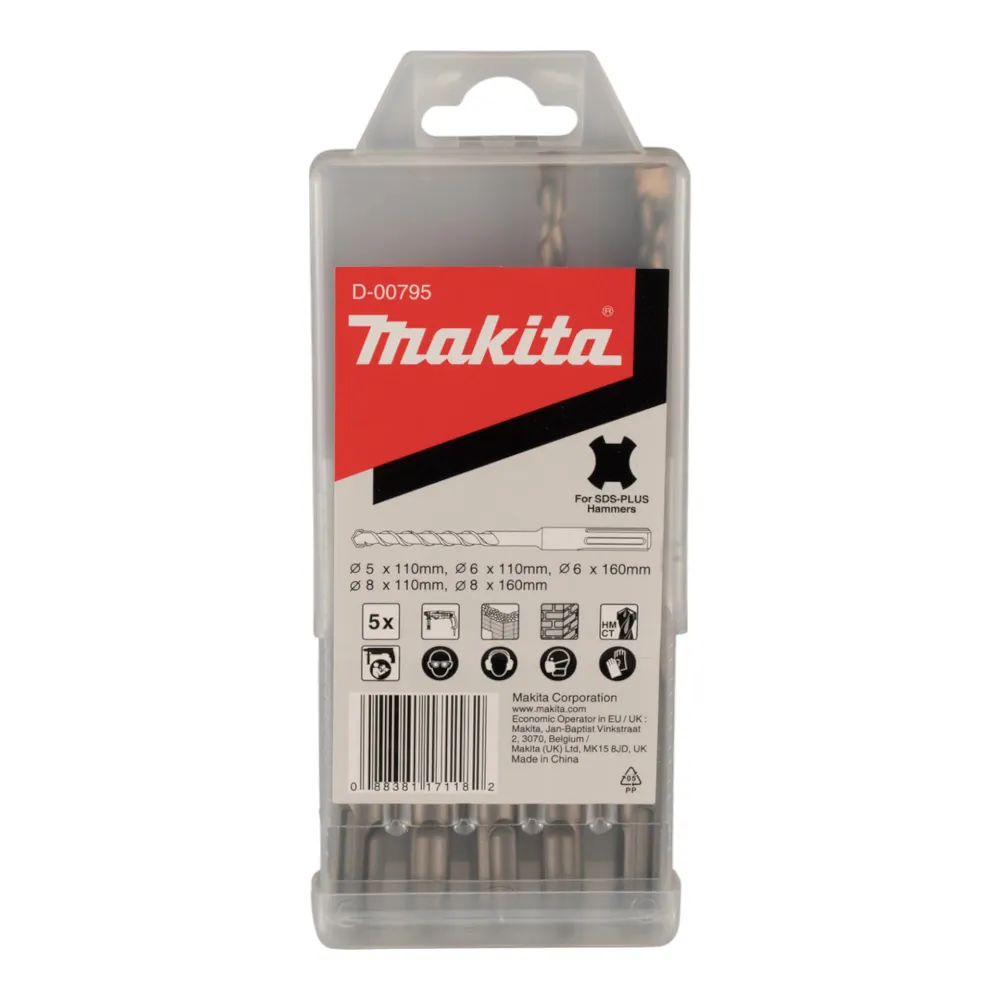 Makita D-00795 Juego de brocas SDS-Plus de 5 piezas, punta de carburo de tungsteno de doble filo