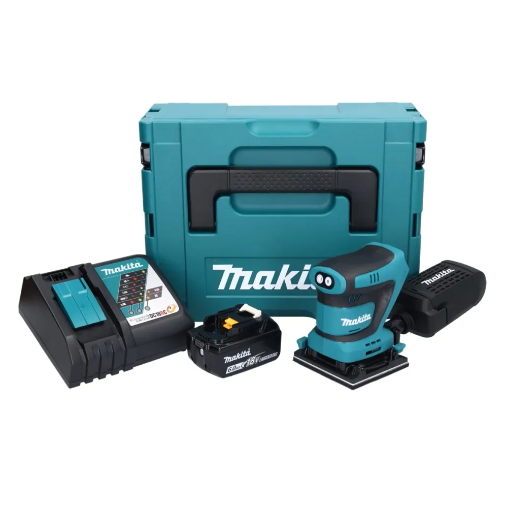 Makita DBO 480 RG1J Lijadora orbital sin cable 18 V 112 x 102 mm + 1x baterí recargable 6,0 Ah + cargador + Makpac