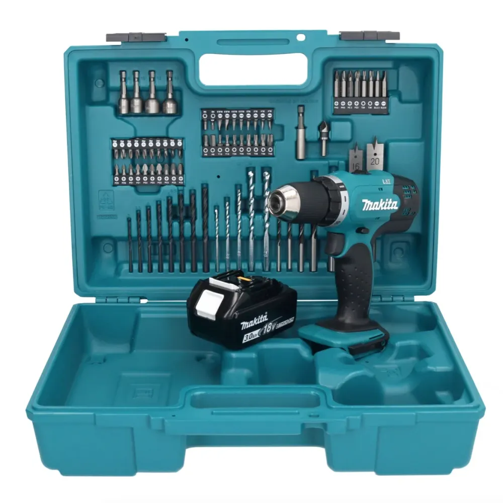 Makita DDF 453 F1X1 taladro atornillador inalámbrico 18 V 42 Nm + 1x baterí 3,0 Ah + juego de accesorios 74 piezas + malet...