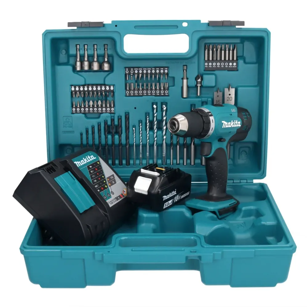 Makita DDF 453 RT1X1 taladro atornillador inalámbrico 18 V 42 Nm + 1x baterí 5,0 Ah + cargador + set de accesorios 74 piez...
