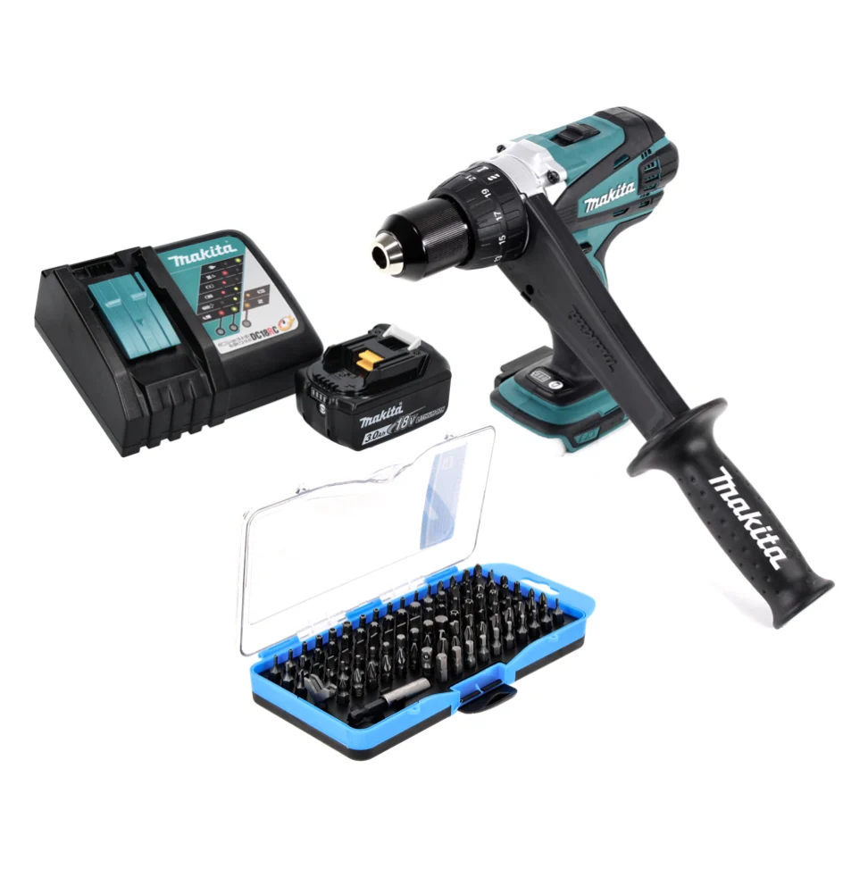 Makita DDF 458 RF1 taladro atornillador inalámbrico 18 V 91 Nm + 1x baterí 3,0 Ah + cargador + juego de puntas 100 piezas