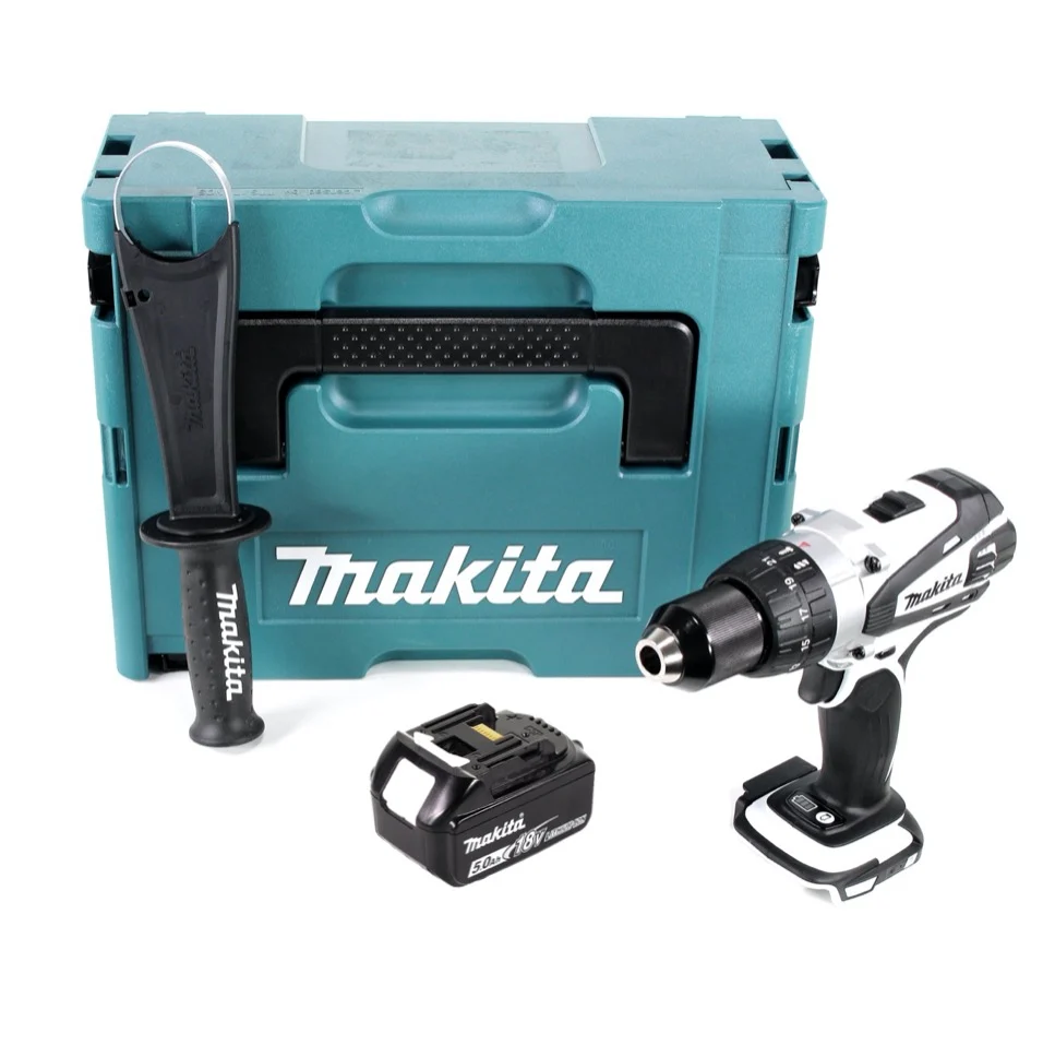 Makita DDF 458 T1J W Taladro atornillador inalámbrico 18 V 91 Nm blanco + 1x baterí 5,0 Ah + Makpac - sin cargador