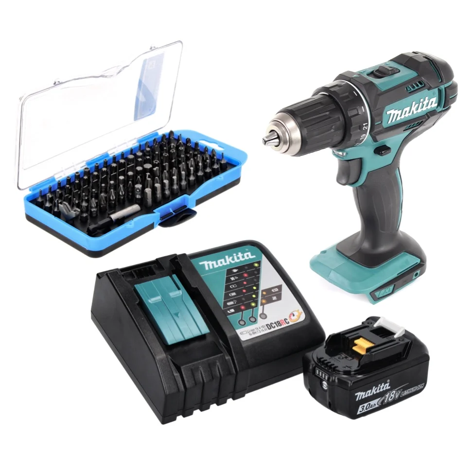 Makita DDF 482 RF1 taladro atornillador inalámbrico 18 V 62 Nm + 1x baterí 3,0 Ah + cargador + juego de puntas 100 piezas