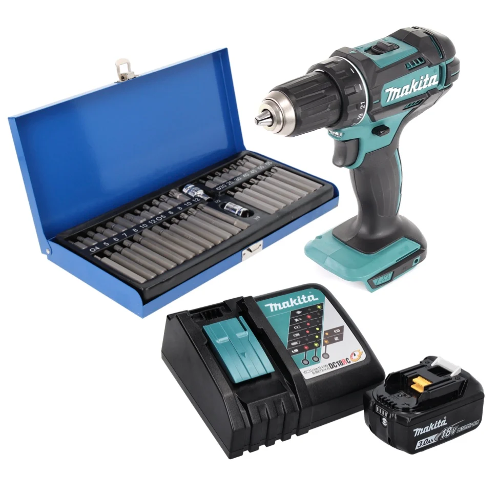 Makita DDF 482 RF1 taladro atornillador inalámbrico 18 V 62 Nm + 1x baterí 3,0 Ah + cargador + juego de puntas 40 piezas