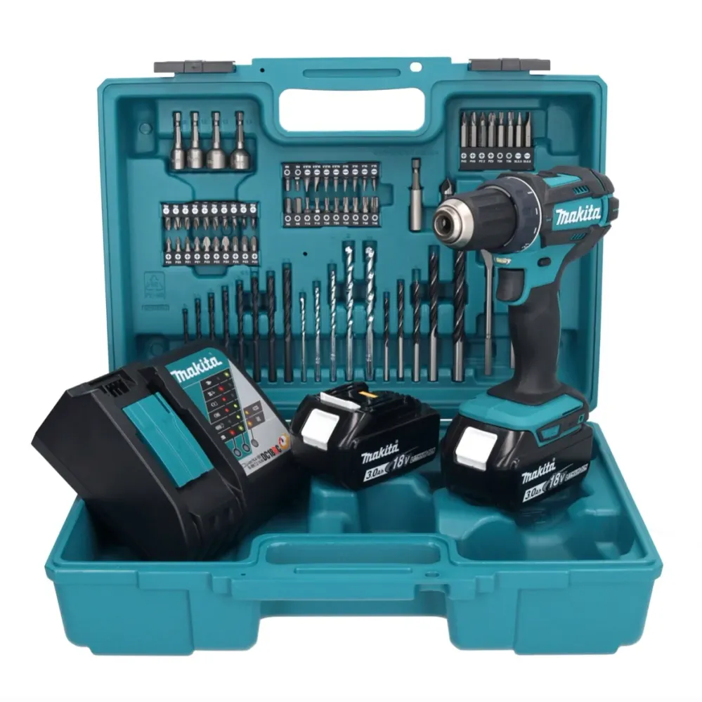 Makita DDF 482 RFX1 taladro atornillador inalámbrico 18 V 62 Nm + 2x baterías 3,0 Ah + cargador + set de accesorios 74 pie...