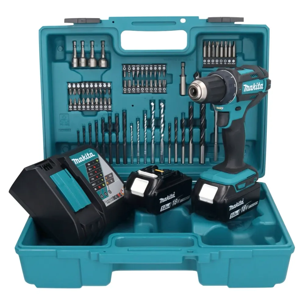 Makita DDF 482 RTX1 taladro atornillador inalámbrico 18 V 62 Nm + 2x baterías 5,0 Ah + cargador + set de accesorios 74 pie...