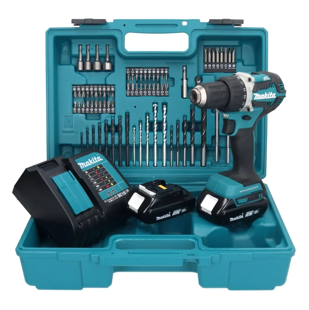 Makita DDF 484 SYX1 taladro atornillador inalámbrico 18 V 54 Nm + 2x baterías 1,5 Ah + cargador + set de accesorios 74 pie...