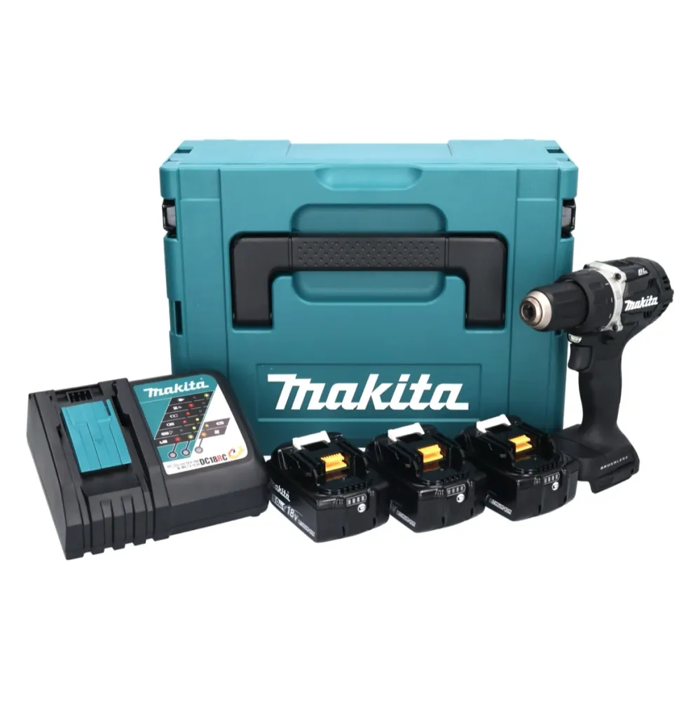 Makita DDF 484 TB3J taladro atornillador inalámbrico negro 18 V 54 Nm sin escobillas + 3x baterías 5,0 Ah + cargador + Makpac
