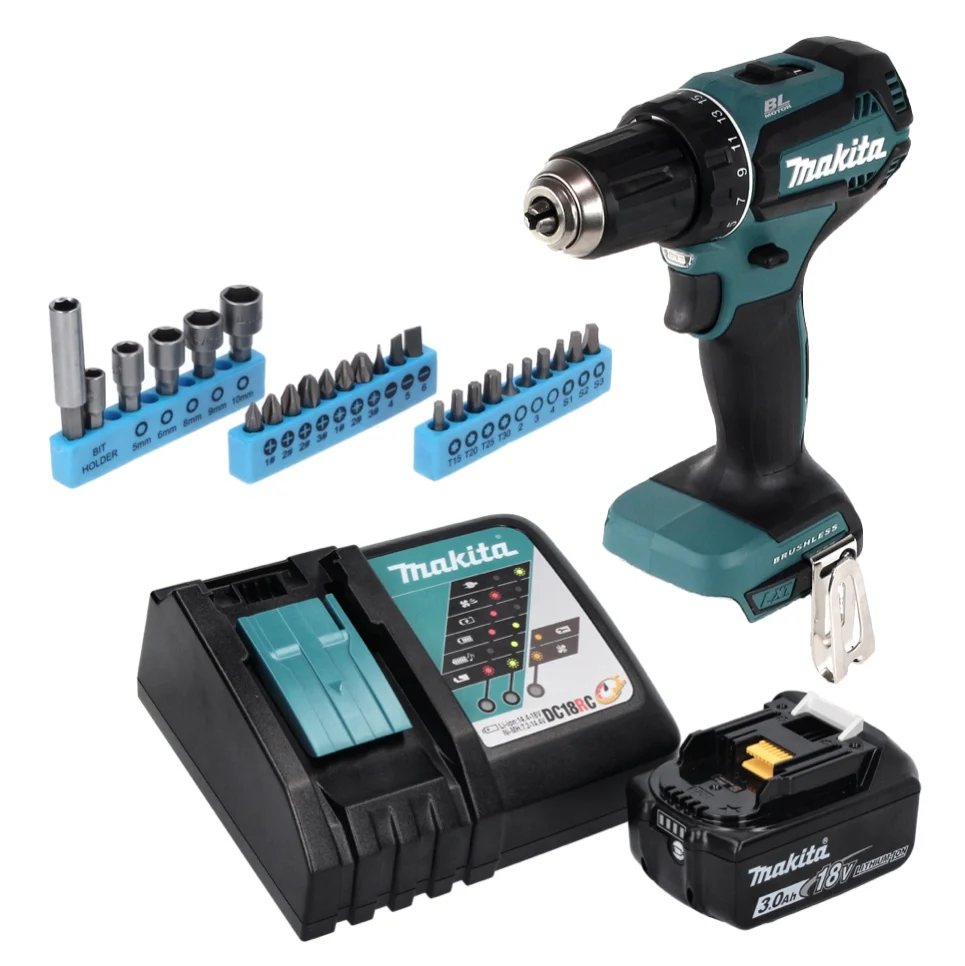 Makita DDF 485 RF1 taladro atornillador inalámbrico 18 V 50 Nm sin escobillas + 1x baterí 3,0 Ah + cargador + juego de lla...