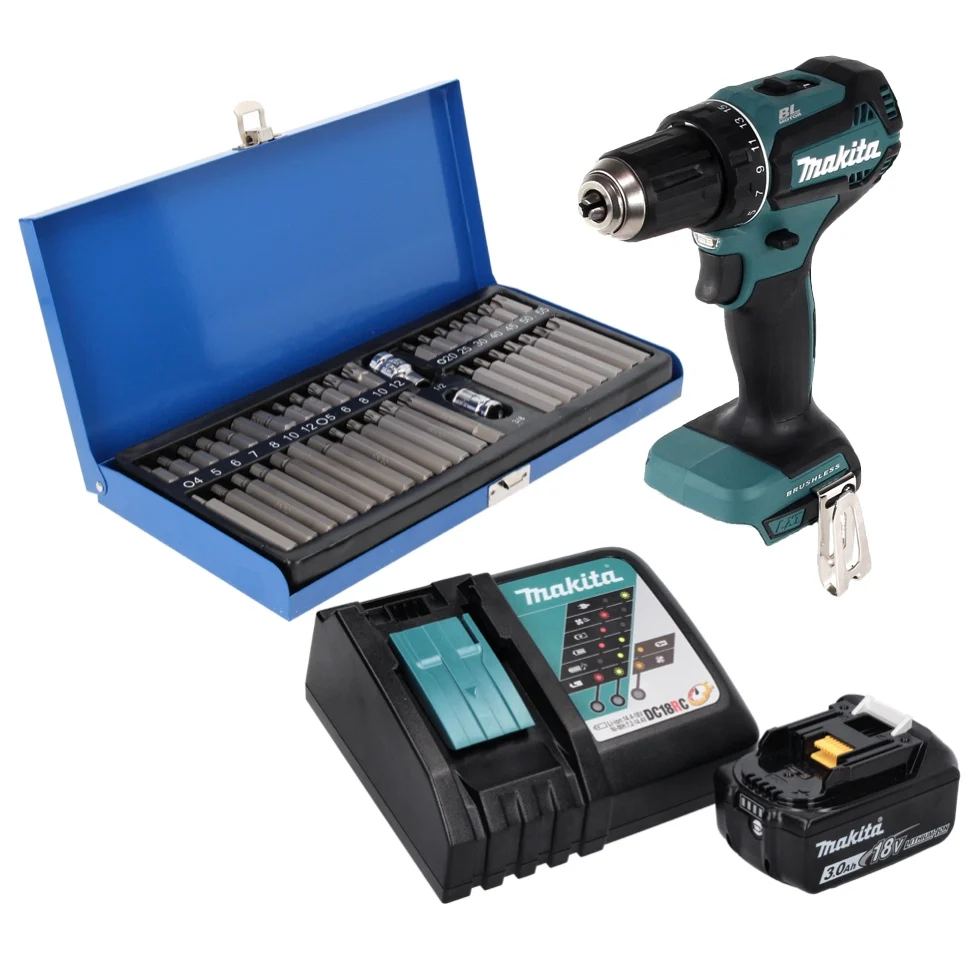 Makita DDF 485 RF1 taladro atornillador inalámbrico 18 V 50 Nm sin escobillas + 1x baterí 3,0 Ah + cargador + juego de pun...