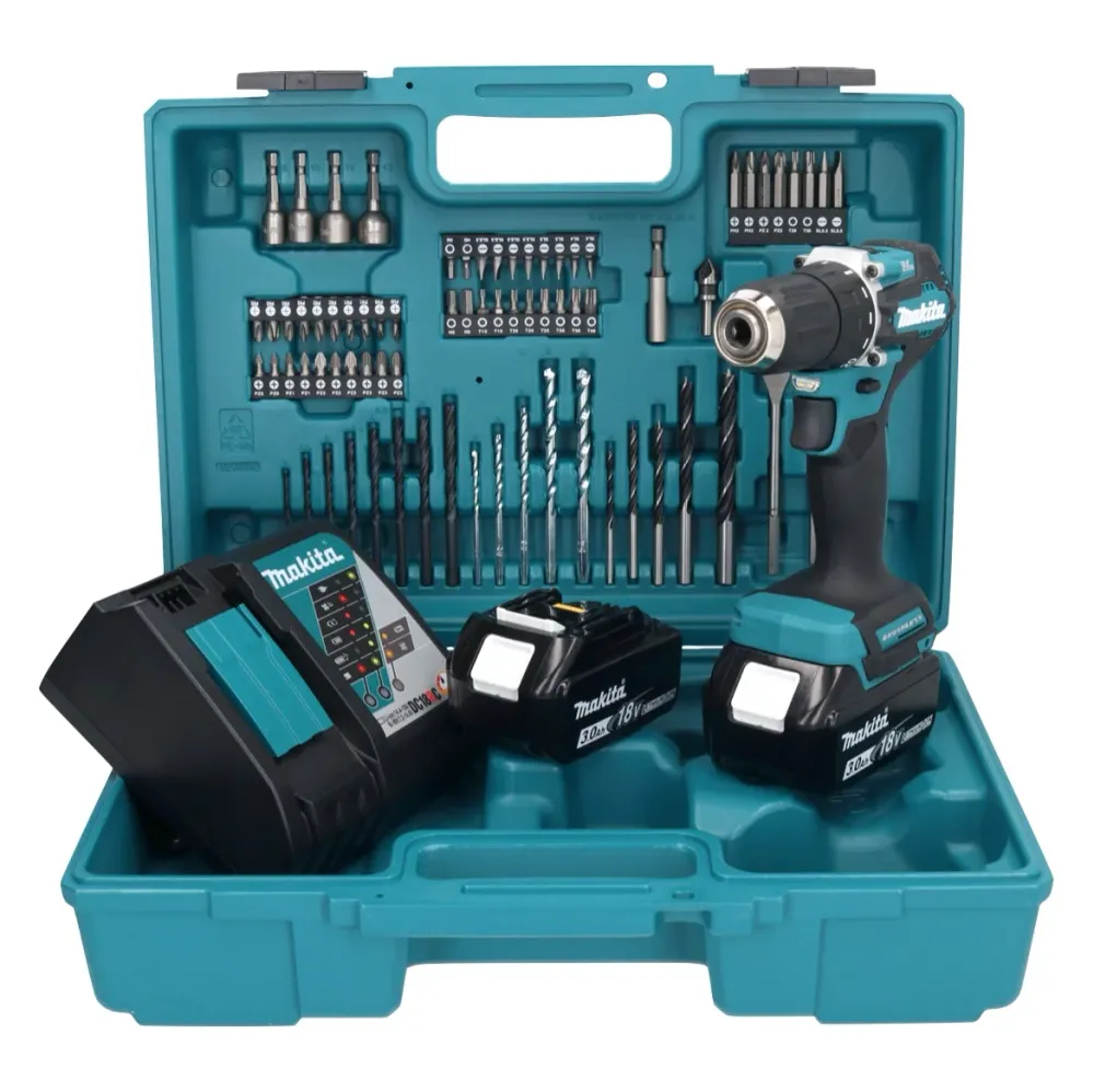 Makita DDF 487 RFX1 taladro atornillador inalámbrico 18 V 40 Nm sin escobillas + 2 baterías 3,0 Ah + cargador + set de acc...