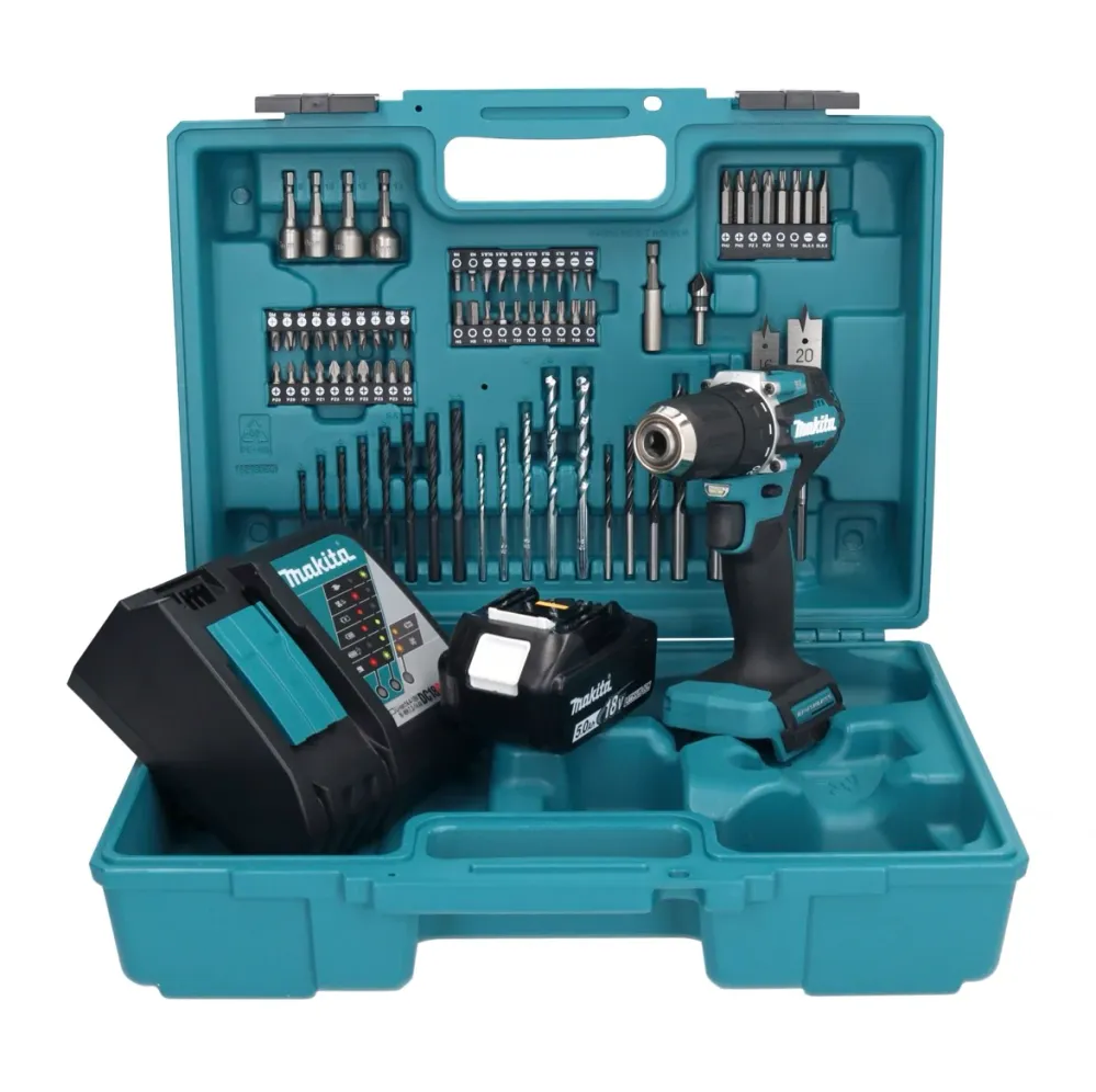 Makita DDF 487 RT1X1 taladro atornillador inalámbrico 18 V 40 Nm sin escobillas + 1x baterí 5,0 Ah + cargador + set de acc...
