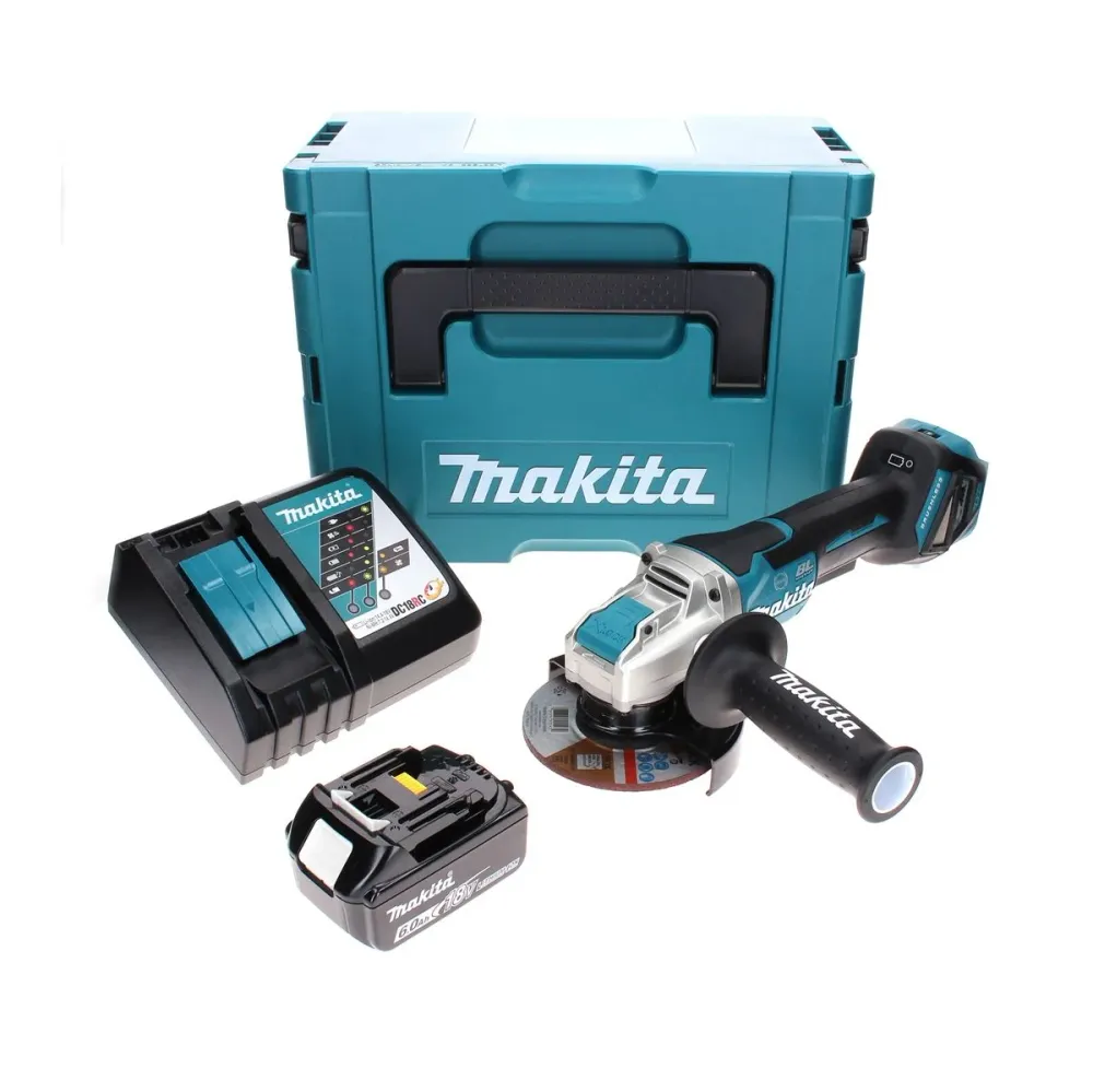 Makita DGA 519 RG1J Amoladora angular sin cable 18 V 125 mm Brushless X-Lock + 1x baterí recargable 6,0 Ah + cargador + Ma...