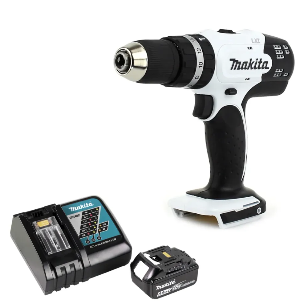 Makita DHP 453 RG1W taladro percutor inalámbrico 18 V 42 Nm blanco + 1x baterí 6,0 Ah + cargador
