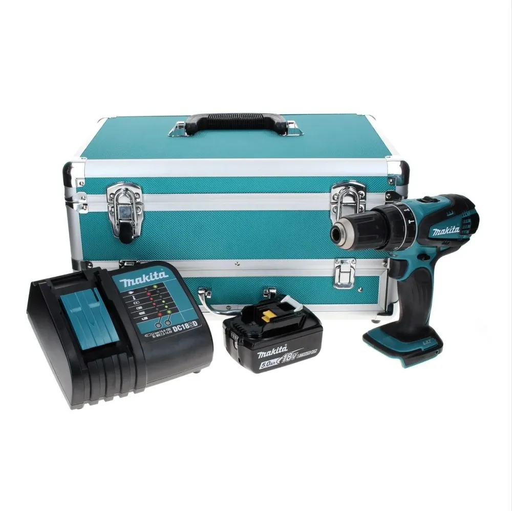 Makita DHP 456 ST1TX taladro percutor inalámbrico 18 V 50 Nm + 1x baterí 5,0 Ah + cargador + juego de brocas de 70 piezas...
