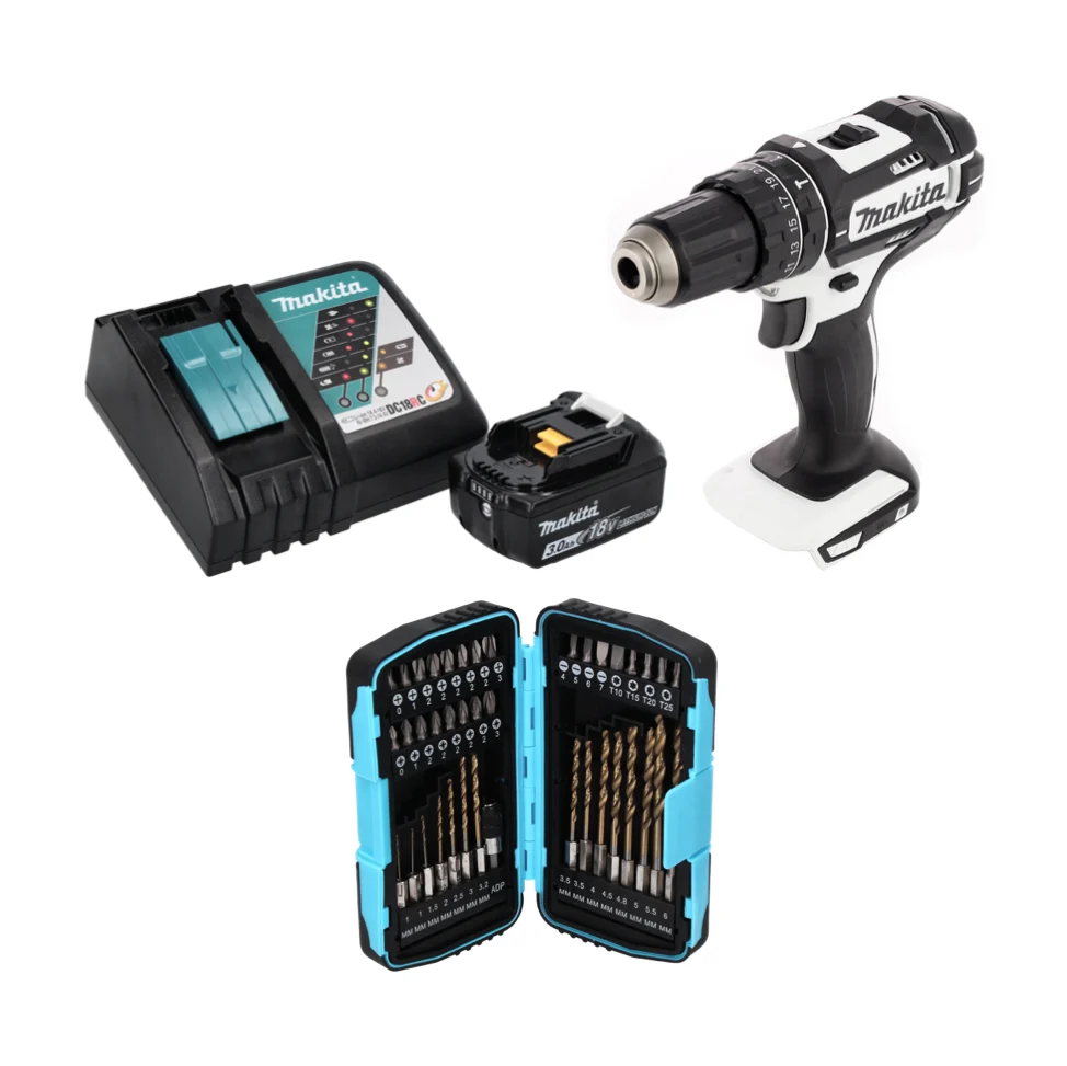 Makita DHP 482 RF1W taladro percutor inalámbrico 18 V 62 Nm + 1x baterí 3,0 Ah + cargador + juego de brocas de 40 piezas
