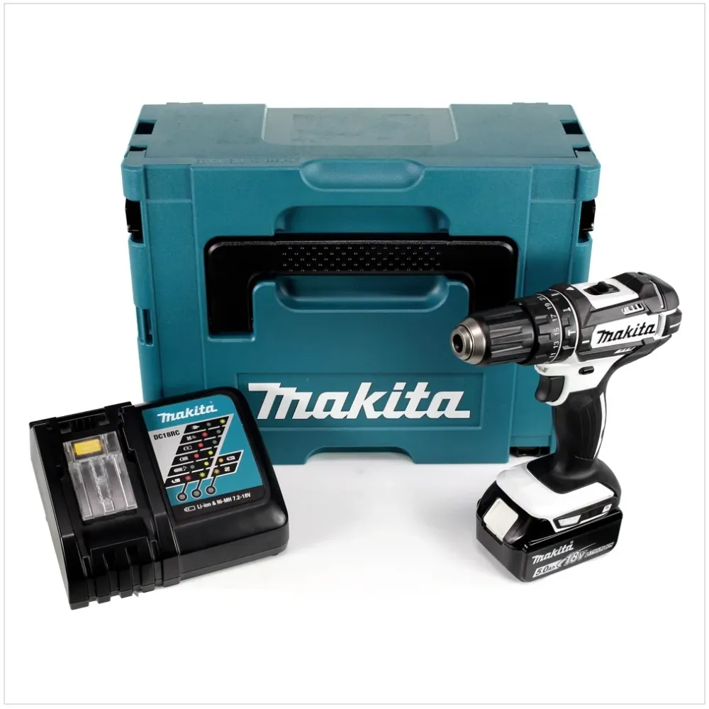 Makita DHP 482 RT1J W Taladro percutor inalámbrico 18 V 62 Nm + 1x baterí 5,0 Ah + cargador en Makpac 2