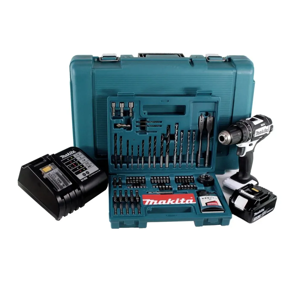 Makita DHP 482 SFK W Taladro percutor inalámbrico 18 V 62 Nm + 1x baterí 3,0 Ah + cargador + juego de brocas de 100 piezas...