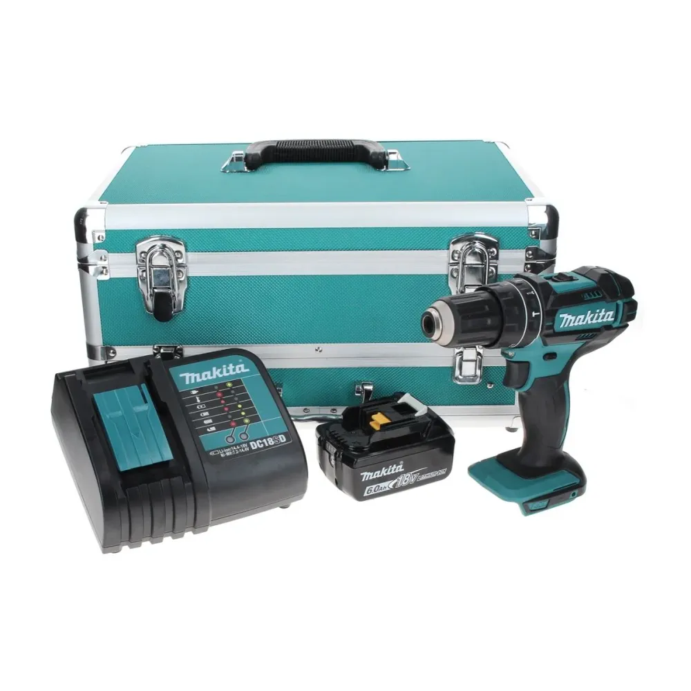 Makita DHP 482 SG1TX taladro percutor inalámbrico 18 V 62 Nm + 1x baterí 6,0 Ah + cargador + juego de brocas de 70 piezas...