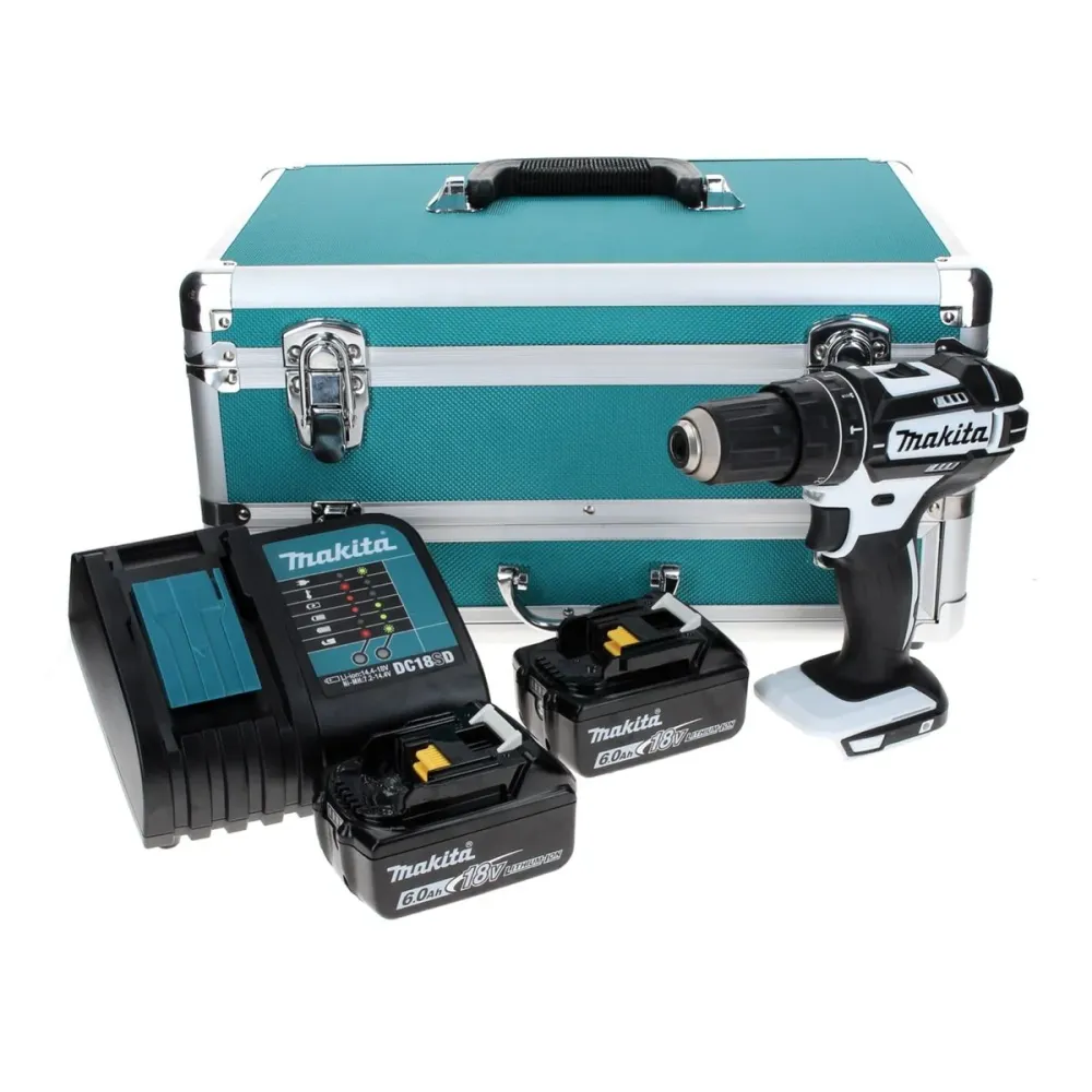 Makita DHP 482 SGTX W Taladro percutor inalámbrico 18 V 62 Nm blanco + 2x baterías 6,0 Ah + cargador + juego de brocas 70...