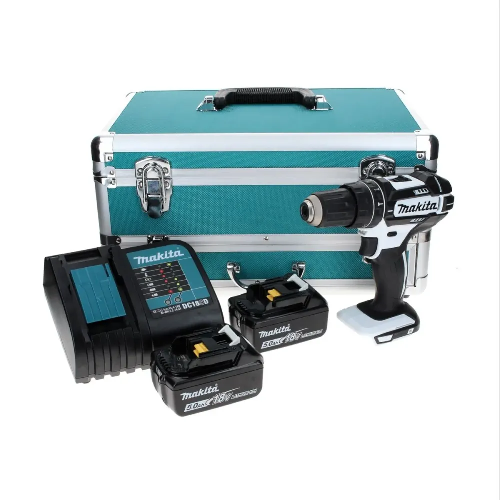 Makita DHP 482 STTX W taladro percutor inalámbrico 18 V 62 Nm blanco + 2x baterías 5,0 Ah + cargador + juego de brocas 70...