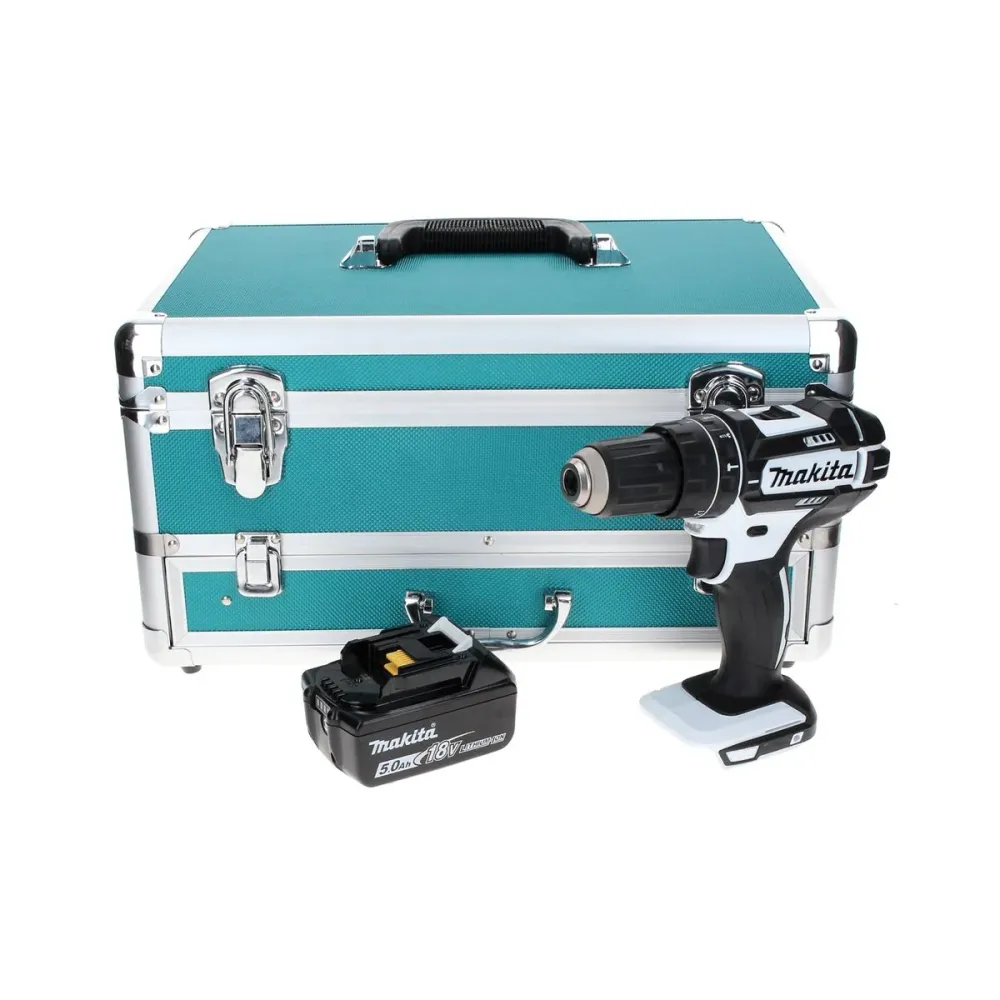 Makita DHP 482 T1TX W Taladro percutor inalámbrico 18 V 62 Nm blanco + 1x baterí 5,0 Ah + juego de brocas de 70 piezas + m...