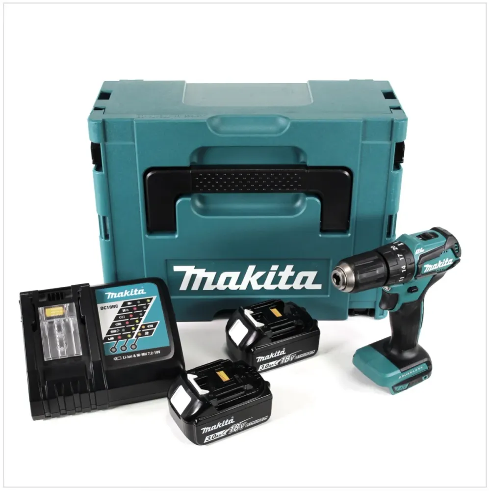 Makita DHP 483 RFJ Taladro percutor baterí 18 V en maletín Makpac 2 + 2x Baterí BL 1830 + Cargador DC 18 RC
