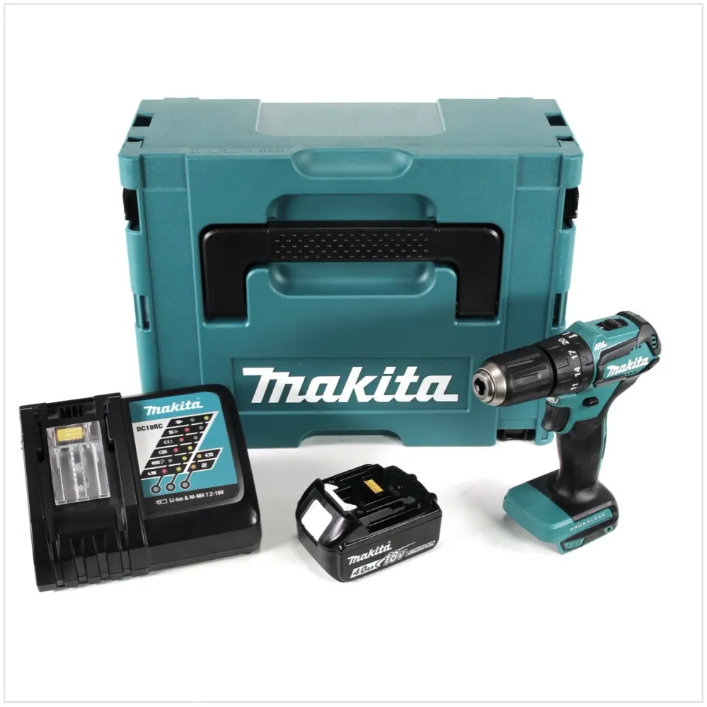 Makita DHP 483 RM1J Taladro percutor baterí 18 V en maletín Makpac 2 + 1x Baterí BL 1840 + Cargador DC 18 RC